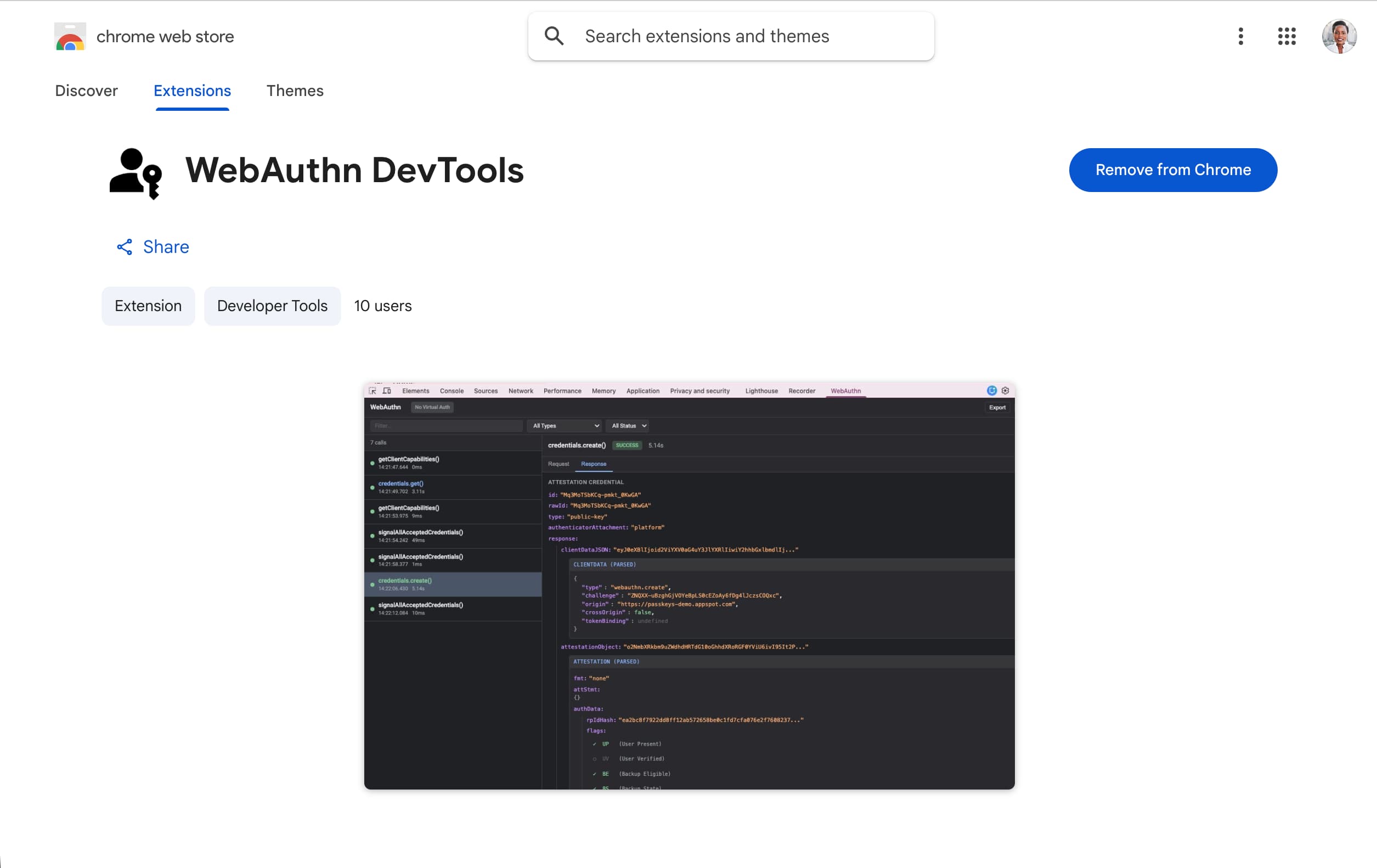 WebAuthn DevTools は Chrome Web Store からインストール可能