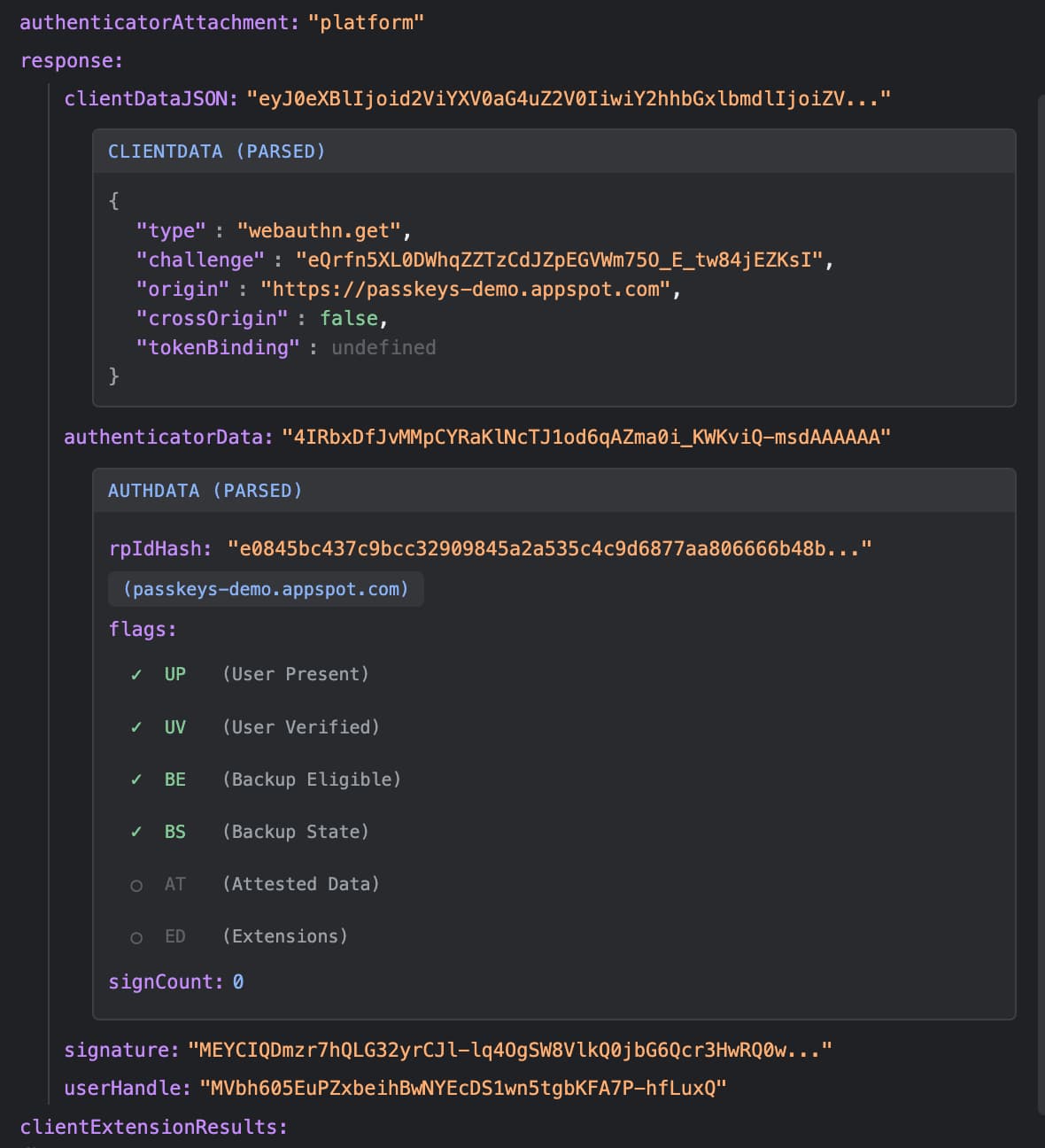 WebAuthn DevTools のレスポンス詳細