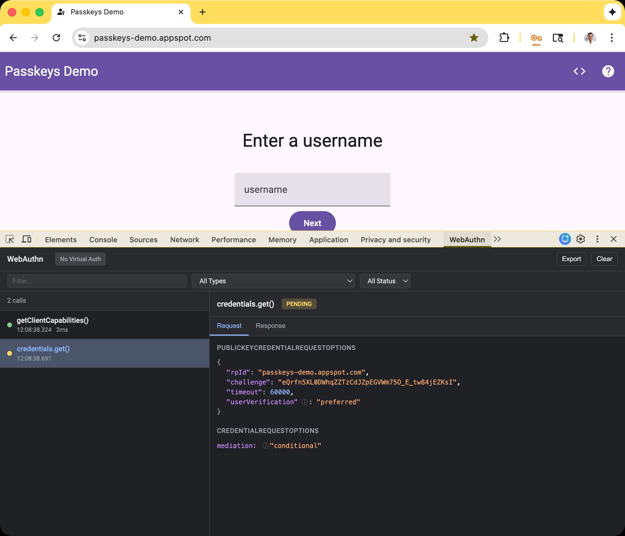 WebAuthn Devtools の画面